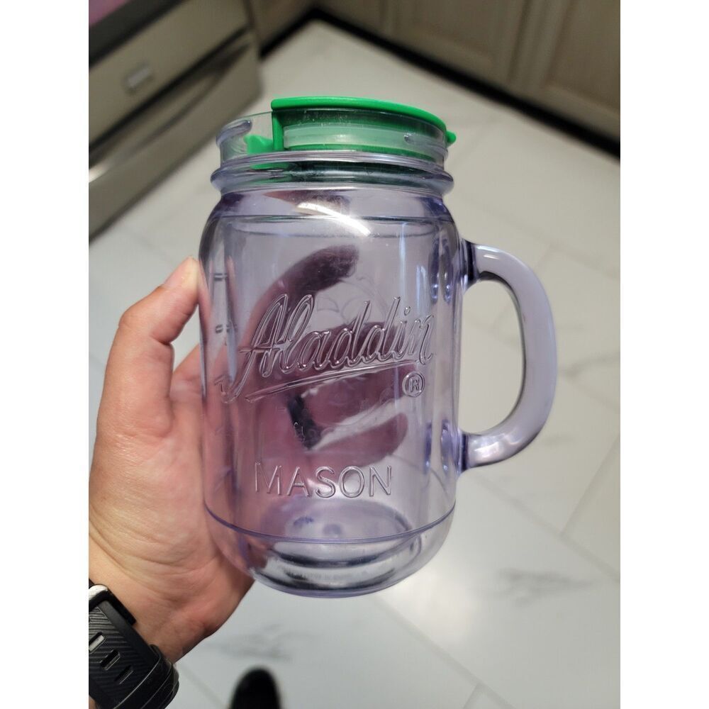 ~ Clear plastic Aladdin mason jar 16oz cup with green lid
